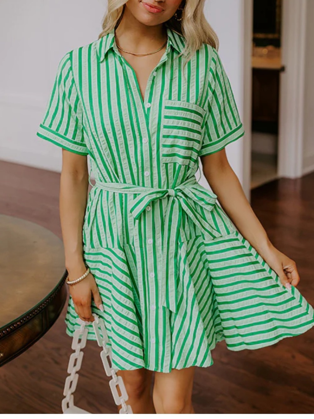 NWOT Entro GREEN STRIPED BUTTON
DOWN Collared BELTED DRESS Large Retail $68